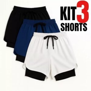 Kit 3 shorts 2 em 1 iron para academia forrados com bolso treino esporte
