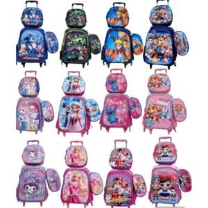 Mochila escolar com carrinho para menina e menino kit três peças lancheira estojo impermeável desenhos