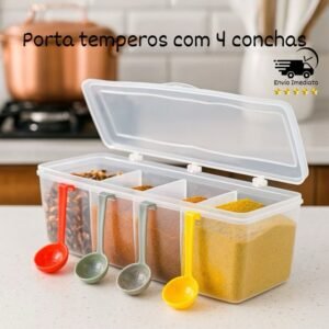 Pote porta temperos condimentos com 4 conchas. organizador divisórias