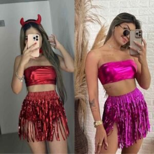 Conjunto carnaval metalizado 3 peças hot pants e top cropped + saia fitinha fantasia feminino