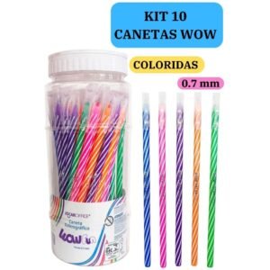 Kit 10 canetas esferográficas wow 0.7mm coloridas branco escolar escritório leo&leo