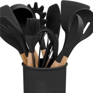 Jogo de cozinha kit c/12 peças silicone, utensílios e copo suporte para cabo madeira