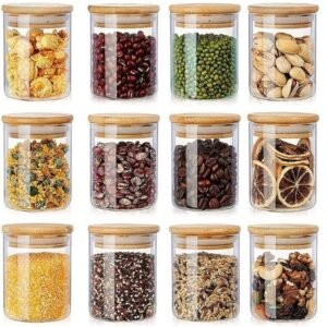 6 potes de vidro hermético com tampa bambu 250ml para temperos e alimentos