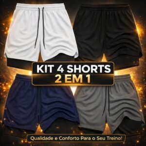 Kit 4 shorts masculinos 2 em 1 academia secagem rápida com elastano fitness