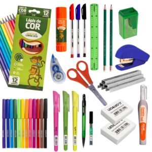 Kit escolar material completo lapis de cor hidrocor caneta apontador borracha juvenil leo