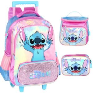 Original mochila stitch infantil disney kit rodinha lancheira estojo costas grande menina escolar feminina