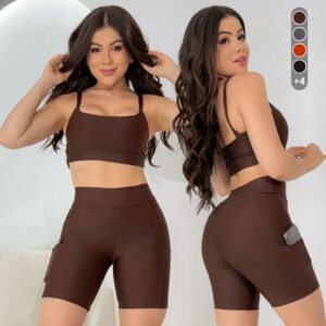 Conjunto fitness feminino top + short com bolso suplex academia treino corrida caminhada