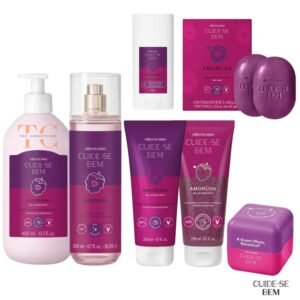 Linha cuide-se bem amoruda (o boticário): body splash, hidratante corporal, sabonete esfoliante, bastão anti-atrito e +