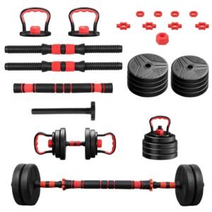 Kit 6 em 1 musculação 15kg halteres anilhas barras kettlebell ajustáveis academia treino casa