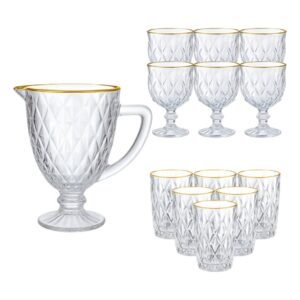 Kit completo diamond com borda dourada jarra 1l, 6 taças 340ml, copos 370ml