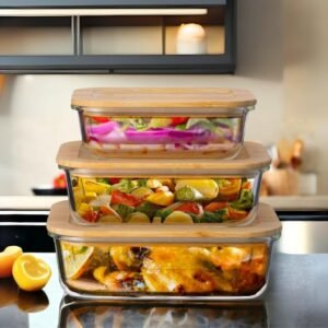 Pote em vidro 420ml/600ml/1040ml design decorativo elegante com tampa de bambu kit3 potes