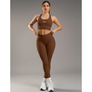 Conjunto feminino fitness academia treino dia a esportes top + calça zero transparência tendência cor marrom