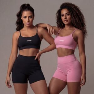 Conjunto academia shorts rosa preto top alcinha treino zero transparência suplex