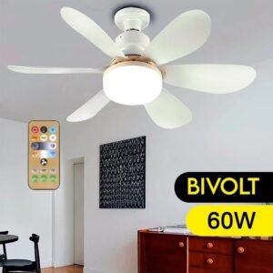 Ventilador de teto com lampada led integrada bocal e27 6 pétalas 60w 3 velocidades c controle remoto