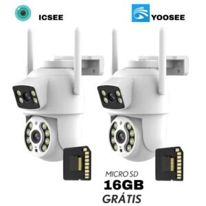 Kit câmera de segurança lente dupla ip66 wi-fi 360° sensor movimento visão noturna+microsd 16gb