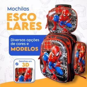 Kit 3 pecas mochila escolar de rodinhas infantil 3d stitch sonic homem aranha menino menina