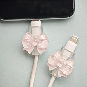 2 pçs adorável arco rosa silicone carregador cabo protetor manga titular clipe anti-quebra transparente capa envoltório