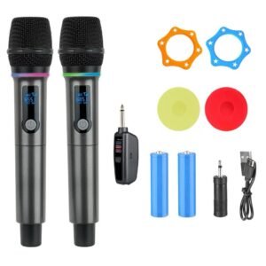 Rgb conjunto de microfone dinâmico sem fios profissional 2 peças para karaoke, uhf recarregável