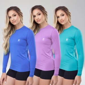 Kit 3 camisa térmica feminina proteção uv 50+ segunda pele camiseta malha fria manga longa