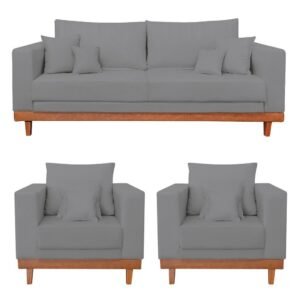 Kit 2 poltronas living + sofá lugares com base madeira linho