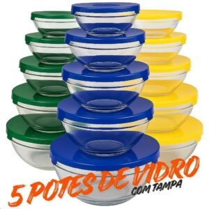 Kit com 5 potes tigela de vidro tampa –135 ml, 200 400 550 1000 ml| armazenamento