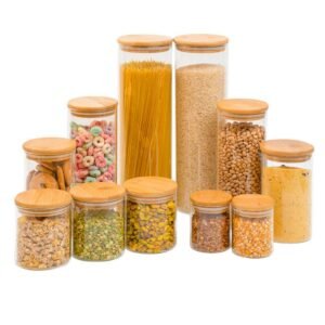 Kit 11 potes de vidro com tampa bambu herméticos redondos - tüd