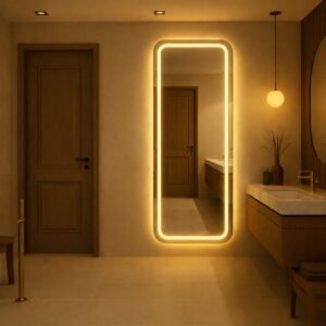 Espelho retangular el14 corpo inteiro 170cm x 70cm polido led jateado luz branca e amarela sala quarto banheiro