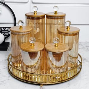 Potes herméticos porta mantimentos com tampa de bambu e vedação em silicone âmbar cristal