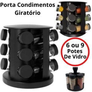 Porta temperos condimentos giratório 6 e 9 potes vidro 90g com tampa dosadora preto + etiquetas adesivas