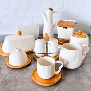 Xicaras açucareiro jarra porta guardanapo saleiro azeiteiro oasis cerâmica branca e bambu