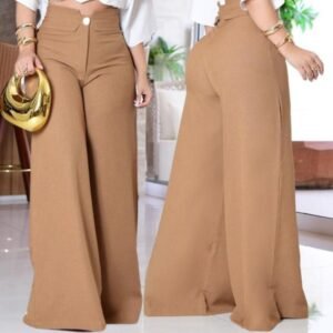 Calça pantalona de linho feminina com botão e zíper frontal elegancia conforto
