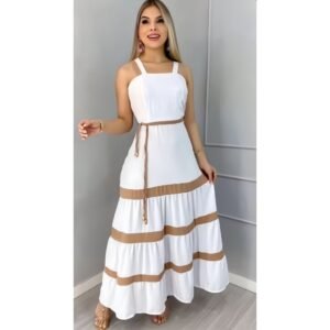 Vestido longo liso feminina bicolor com forrto casual tecido duna