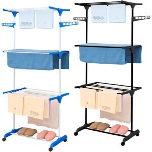 Varal de chão 3 andares roupa calcinha dobrável grade reforçado com 4 rodas portátil e compacto