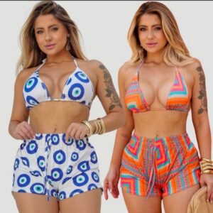 Biquini com shorts conjunto trikini 3 peças praia moda tendência saída feminina lançamento