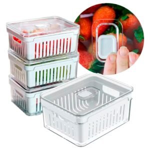 Kit 4 organizadores de geladeira acrílico 2,2 litros com tampa e cesto drenagem