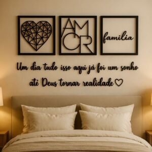 Kit 3 quadros cabeceira familia coração geométrico amor + frase de parede variados sala 2 mini aplique