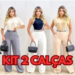 Kit 2 calça alfaiataria premium com ziper lateral cintura alta bolso e cinto promoção do p ao gg