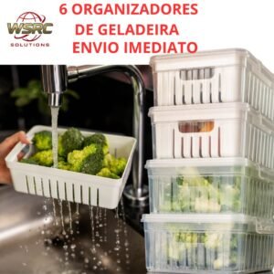 Kit 6 organizadores de geladeira 3,8l com tampa e escorredor interno para frutas, legumes verduras