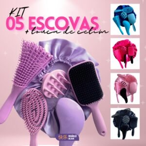 Kit 05 escova flex com raquete fashion mágica massageador de silicone e touca cetim