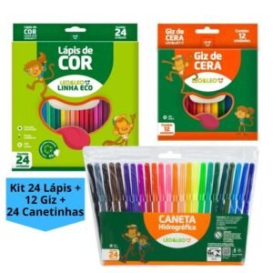Kit lápis de cor 24 cores + canetinha giz 12 - caneta hidrográfica simples infantil escolar leo&leo