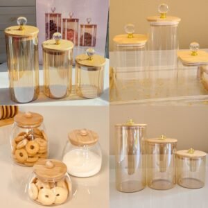 Conjunto de potes porta mantimentos e condimentos pote hermético vidro modelos diversos tampa bambu cozinha pmg
