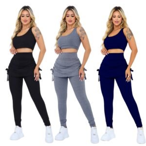 Conjunto feminino top + calça leg saia tapa bumbum suplex academia musculação plus size