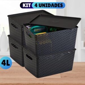 Kit com 4 cesto caixa organizadora rattan tampa litros preto