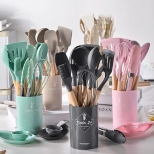 Kit de utensílios para cozinha em silicone e bambu 12 peças novo 2025