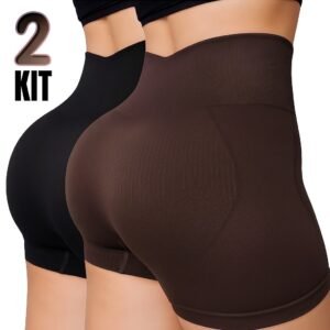 Kit 1/2 short feminino fitness cintura alta canelado secagem rápida zero transparente esportivo