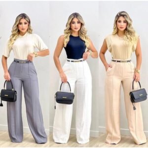 Calça pantalona alfaiataria premium cintura alta com bolso cinto promoção