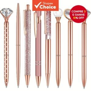 Conjunto de canetas esferográficas com glitter em ouro rosa-design cristal metal areia líquida tinta preta (presen