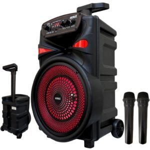 Caixa de som grande amplificada 2000w com rodinha e 2 microfones sem fio led mp3