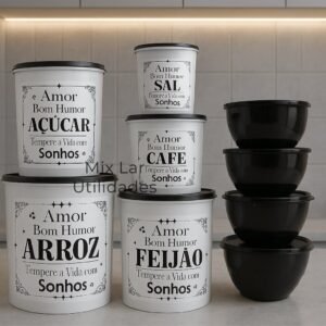 Kit potes de mantimentos cozinha com 9 peças plástico decorado
