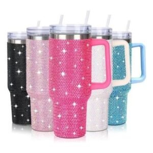 Copo térmico 1200ml com strass brilhante alça tampa e canudo